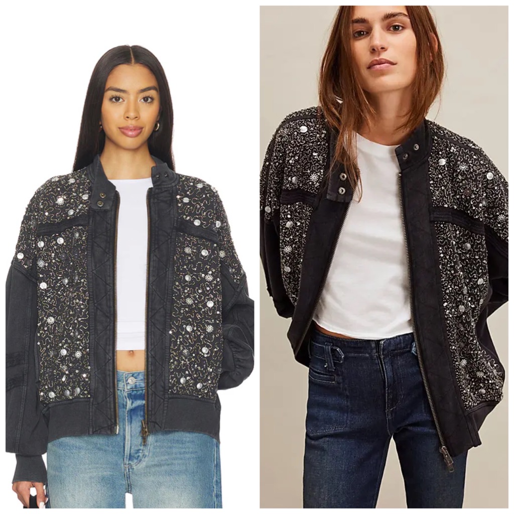 Free People Sparkle Sweatshirt Embellished Sequin Beaded Xl Faded Black